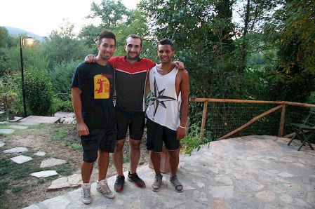 Three cyclists from Turin ready to eat at Restaurant Dondoli